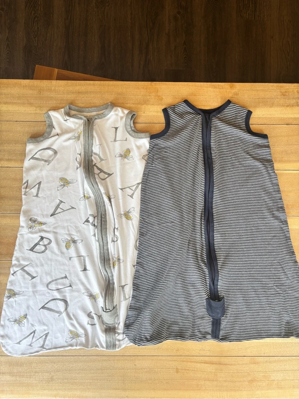 2 Burt's Bees Baby Gray Alphabet & Navy Stripe Sleeveless Sleep Sacks